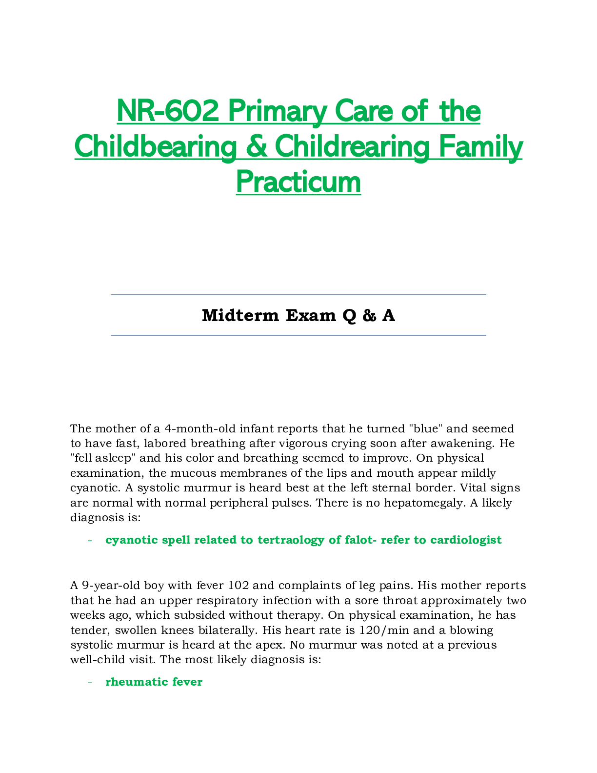Preview of NR602 / NR-602 Midterm Exam Q & A (Latest): Primary Care of the Childbearing & Childrearin